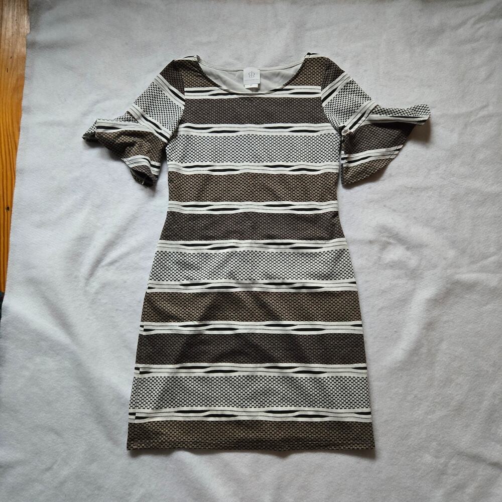 Papillon Blanc Geometric Dress, Black White Tan, Size Small, Flutter sleeves